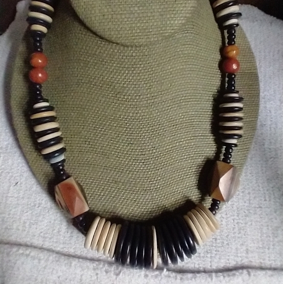 Jewelry - Black white brown huge African ethnic tribal wood beaded necklace
